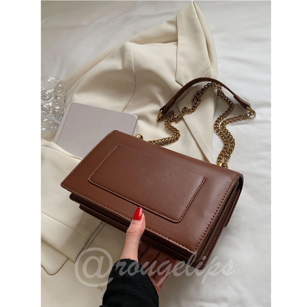 Brown PU Faux Leather Shoulder Bag Yellow Gold Tone Buckle Flap Chain Strap - Picture 5 of 11